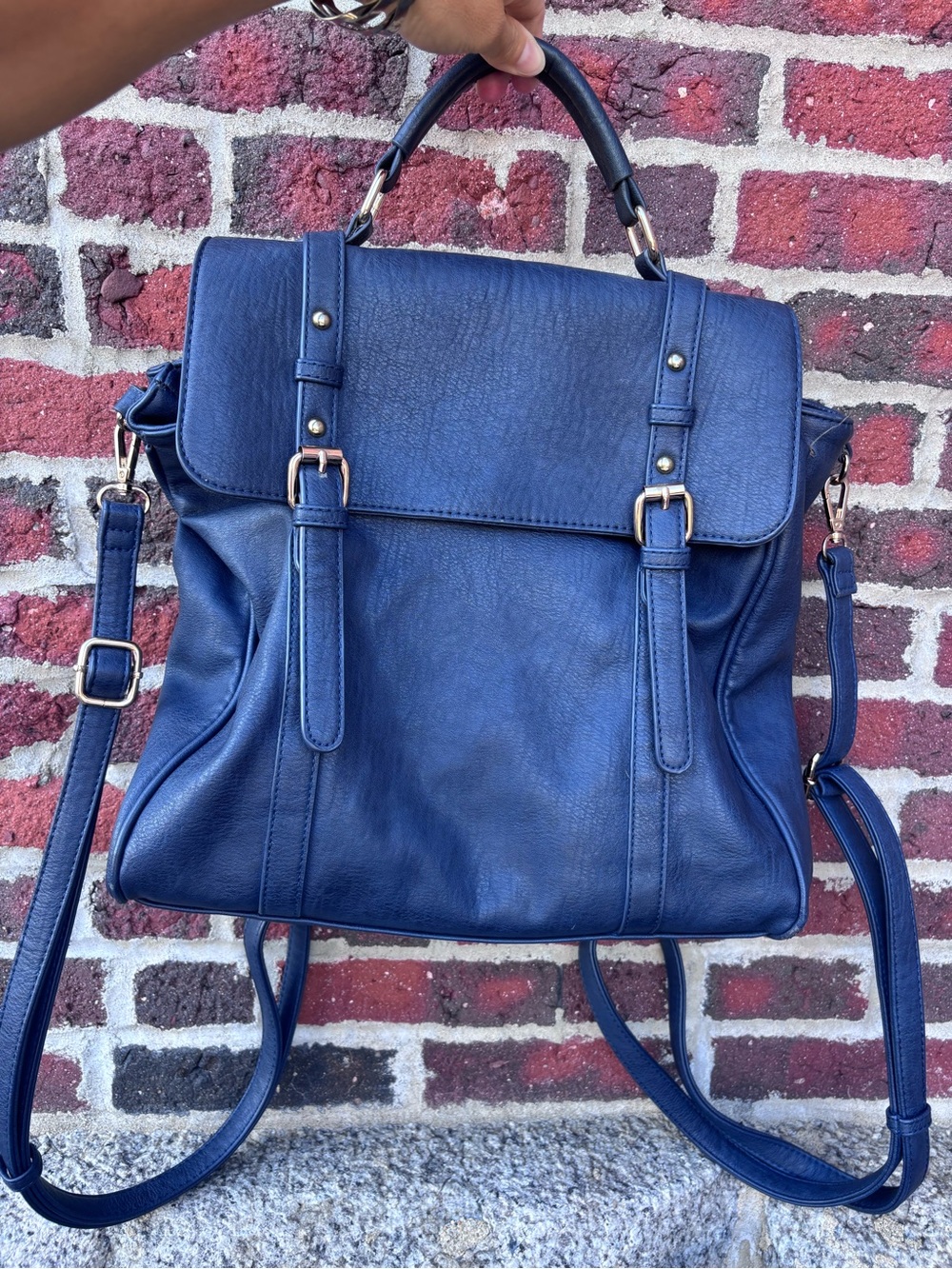 MMS Design Studio Navy Blue Convertible Vegan Leather Backpack Tote